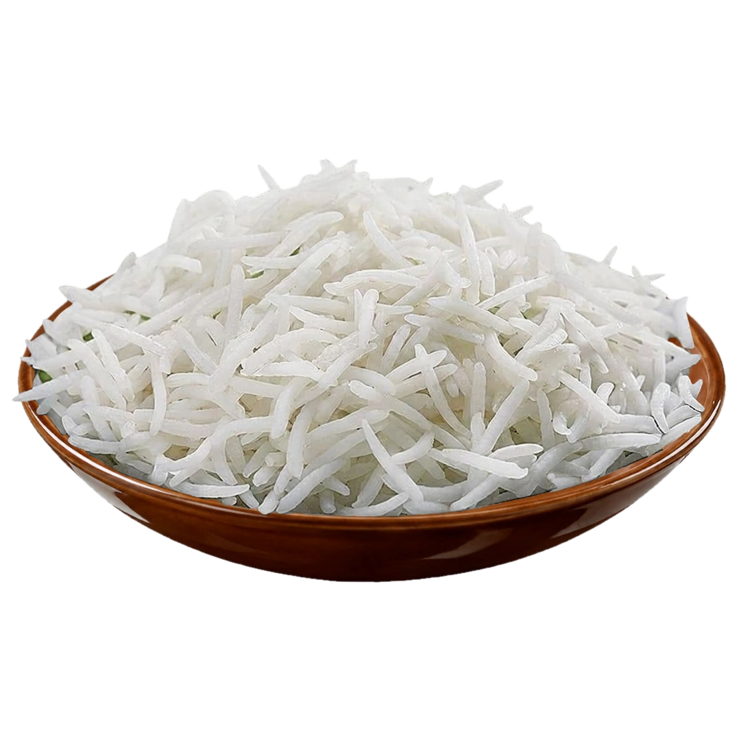 Cooked 1121 Basmati Rice, extra long separate grains in a brown dish