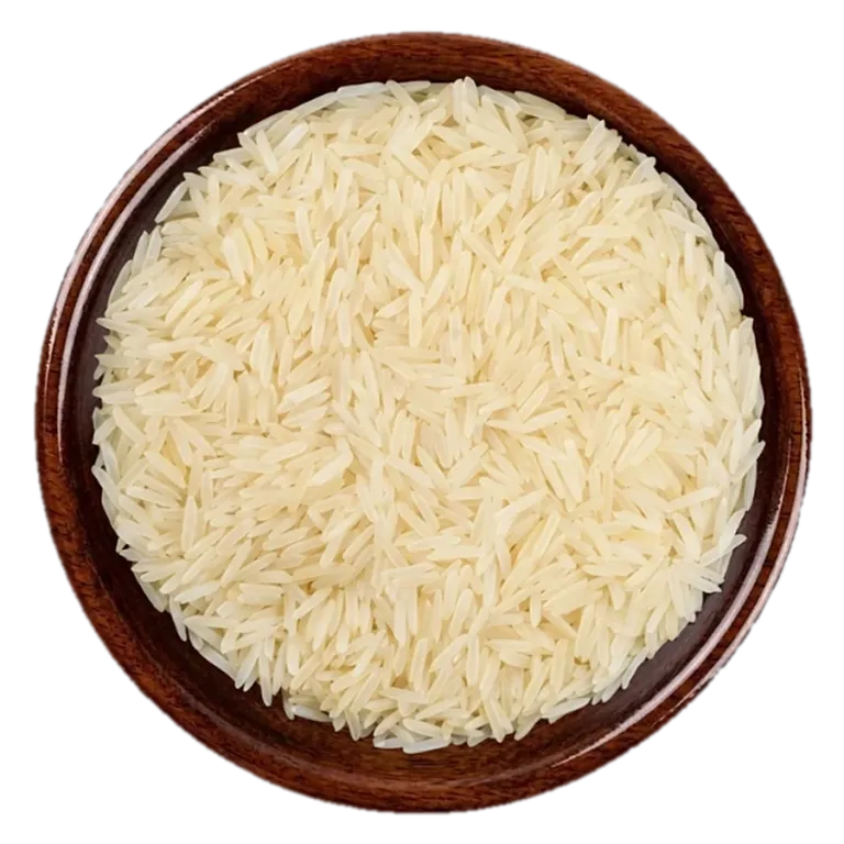 1121 Basmati Creamy Sella Rice in a wooden bowl, seen from above