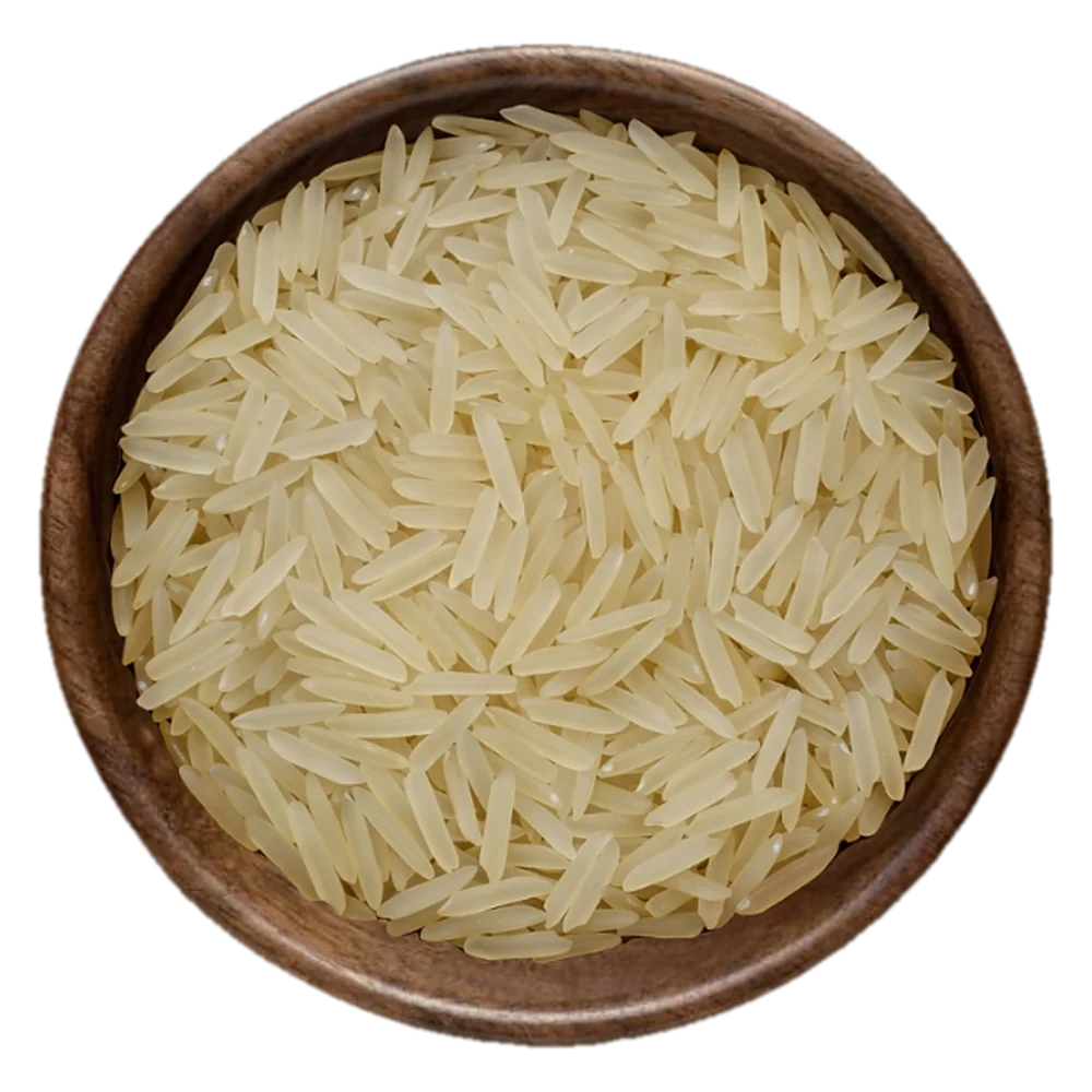 Close view of 1121 Basmati Creamy Sella Rice grains in a wooden bowl, seen from above