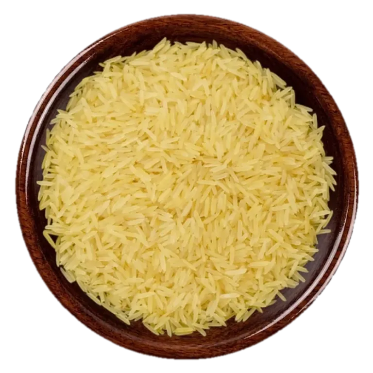 1121 Basmati Golden Sella Rice in a wooden bowl, seen from above