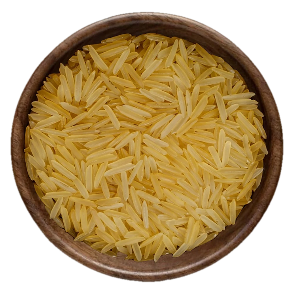 Close view of 1121 Basmati Golden Sella Rice grains in a wooden bowl, seen from above
