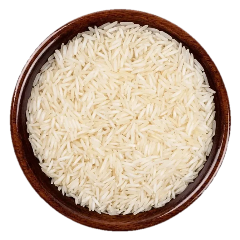1121 Basmati steam Rice in a wooden bowl, seen from above
