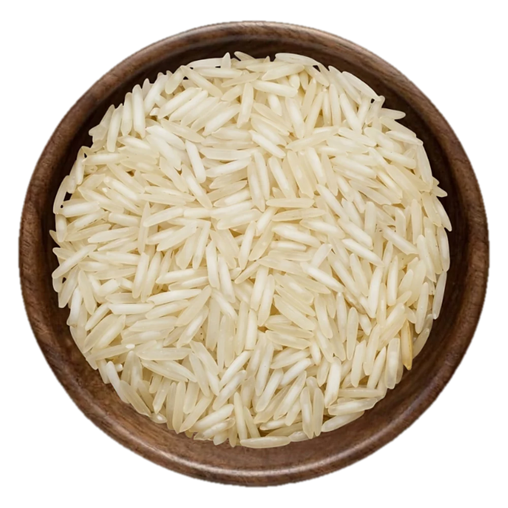 Close view of 1121 Basmati steam Rice grains in a wooden bowl, seen from above