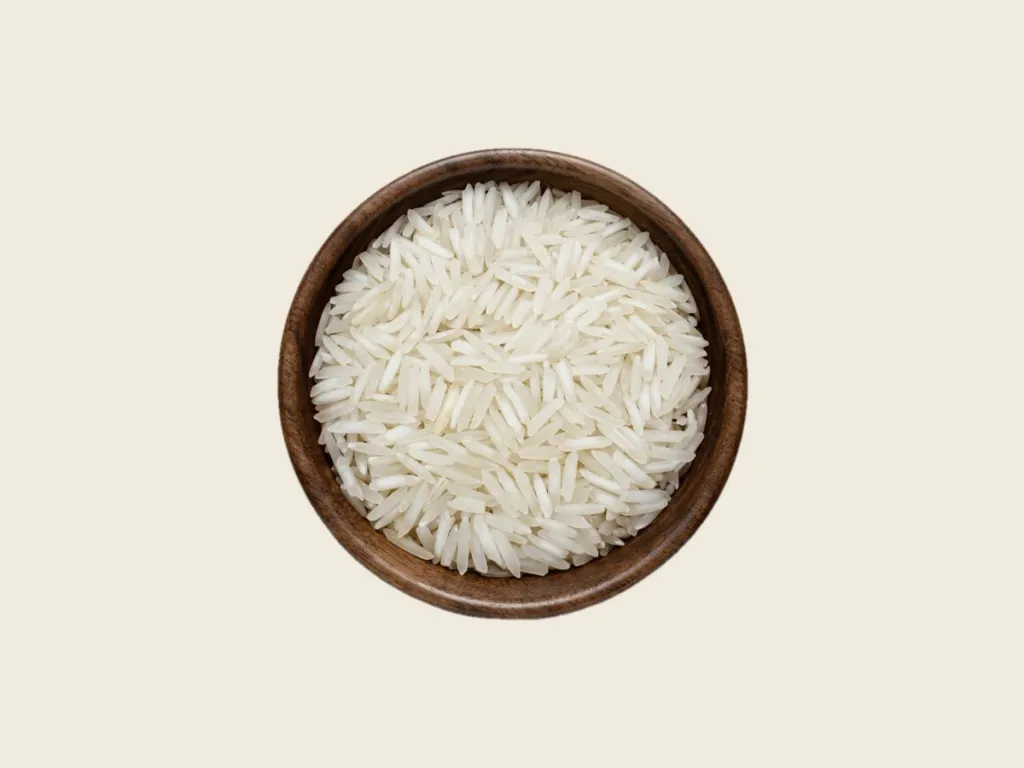 1121 Basmati white Rice in a wooden bowl