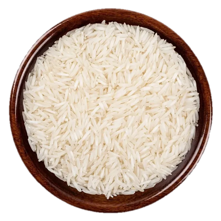 1121 Basmati white Rice in a wooden bowl, seen from above