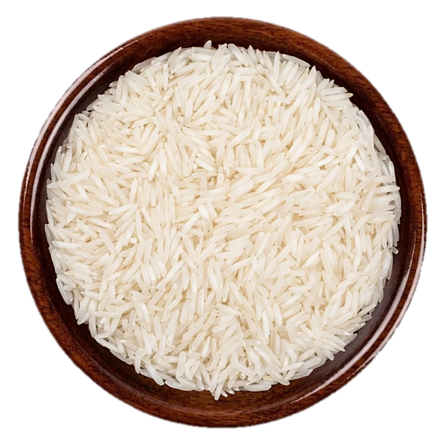1121 Basmati white Rice in a wooden bowl, seen from above