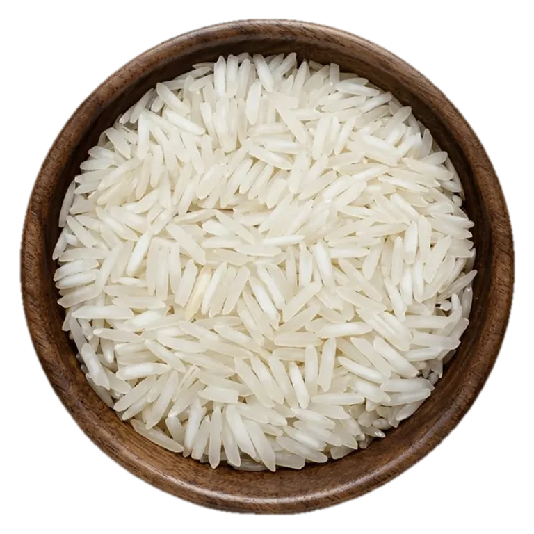 Close view of 1121 Basmati white Rice grains in a wooden bowl, seen from above