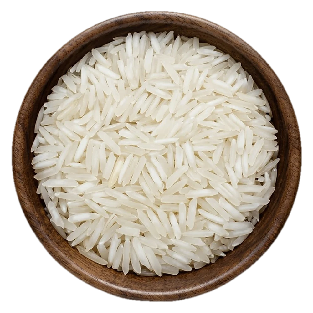 Close view of 1121 Basmati white Rice grains in a wooden bowl, seen from above