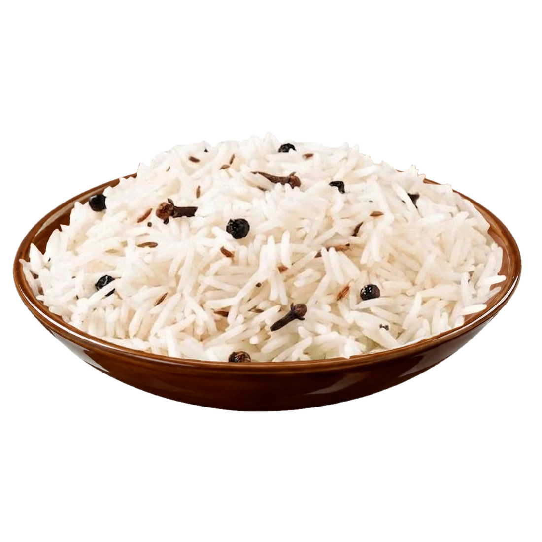 Cooked C-9 long grain Rice with cumin, cloves and black pepper in a brown dish