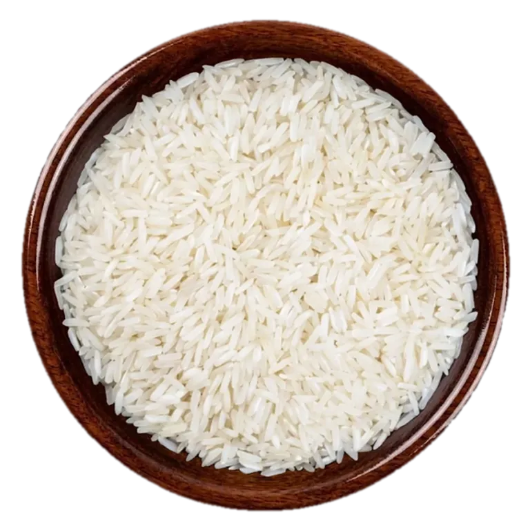 C-9 white Rice in a wooden bowl, seen from above