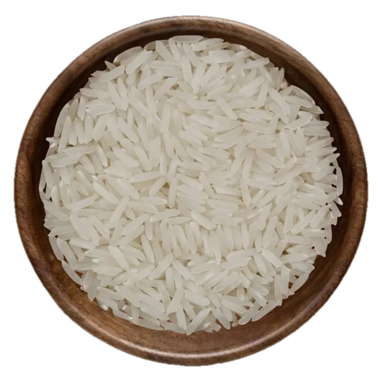 Close view of C-9 white Rice grains in a wooden bowl, seen from above