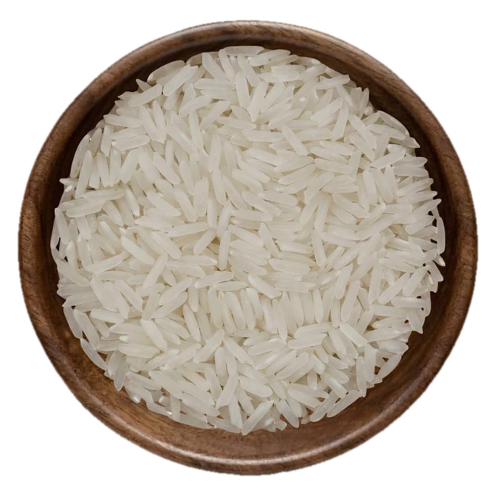Close view of C-9 white Rice grains in a wooden bowl, seen from above