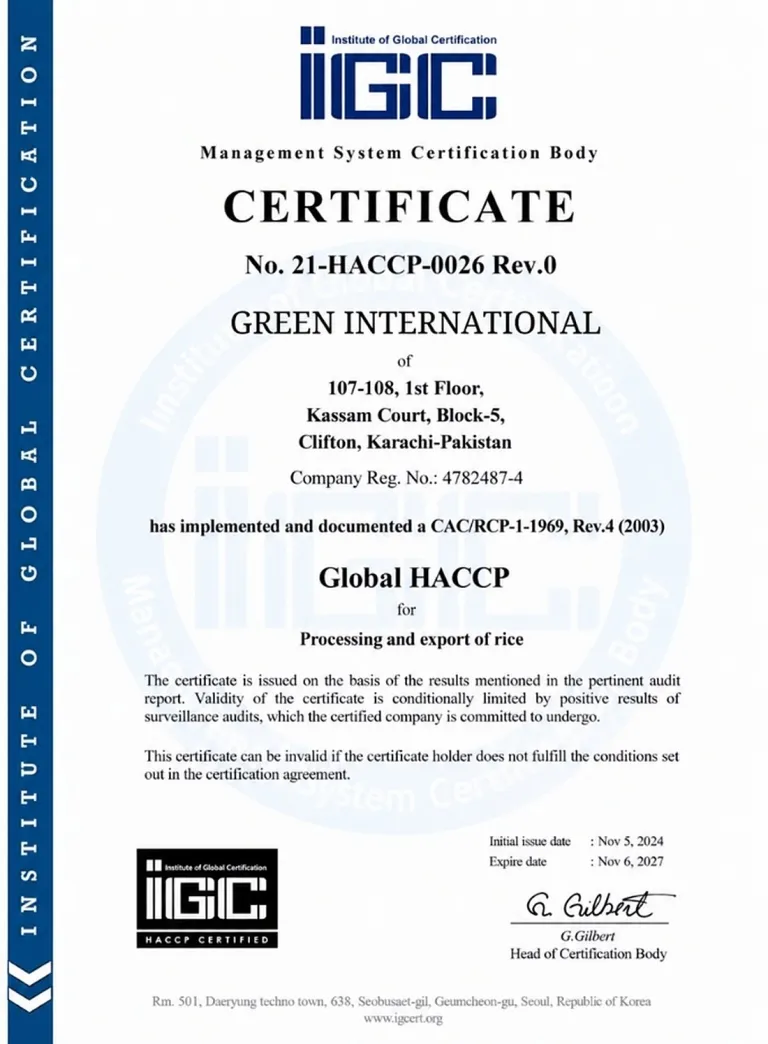 Global HACCP certificate issued to Green International by the Institute of Global Certification