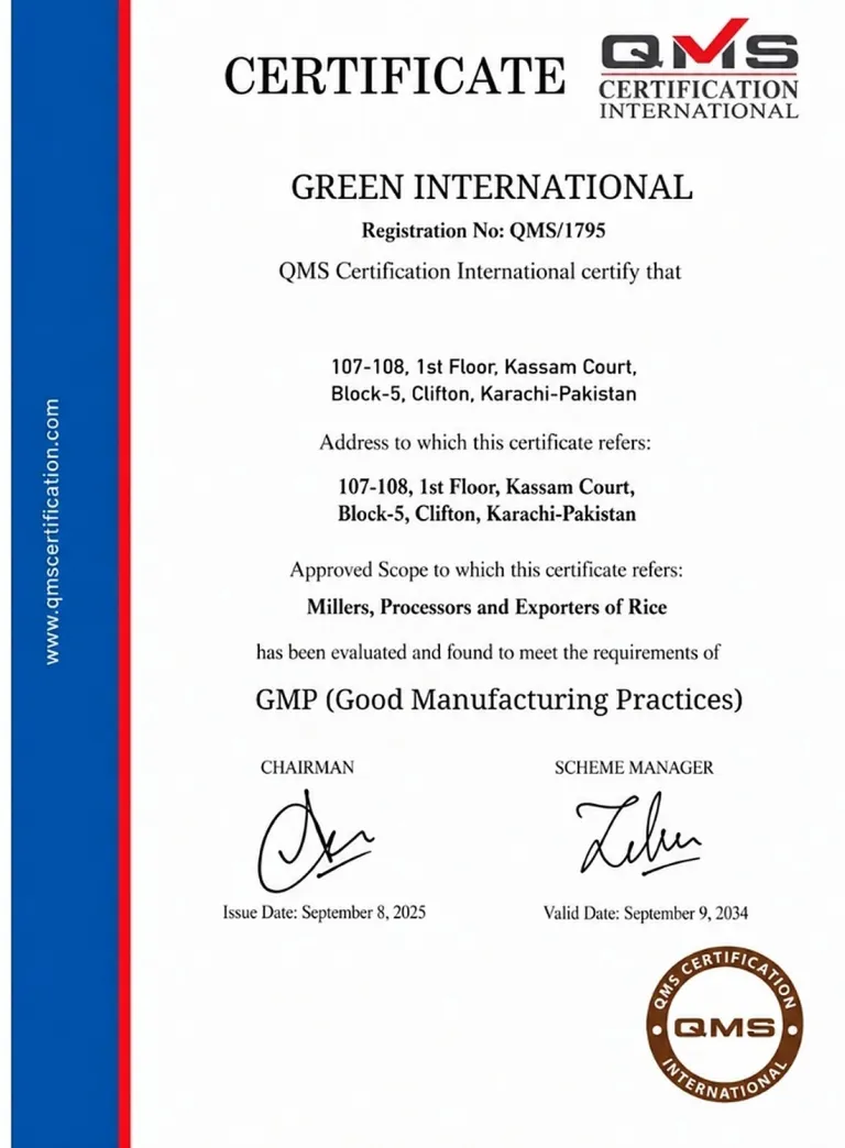 GMP certificate issued to Green International by QMS Certification International