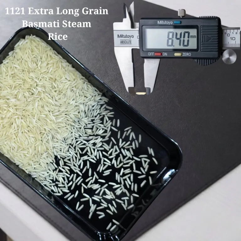 1121 extra long grain Basmati steam Rice measured at 8.40 mm on a digital caliper