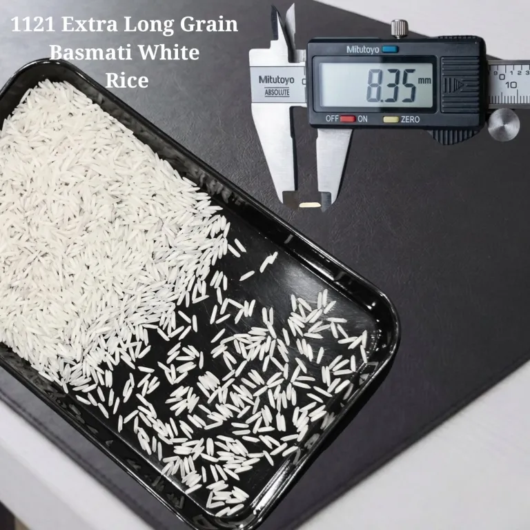 1121 extra long grain Basmati white Rice measured at 8.35 mm on a digital caliper