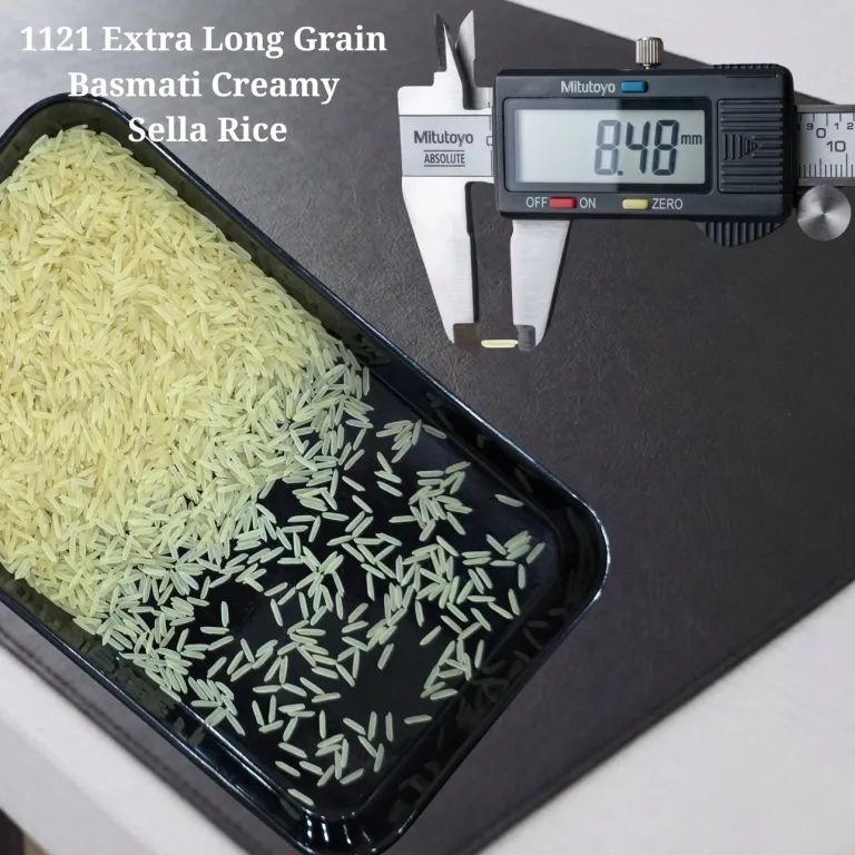 1121 extra long grain Basmati Creamy Sella Rice measured at 8.48 mm on a digital caliper