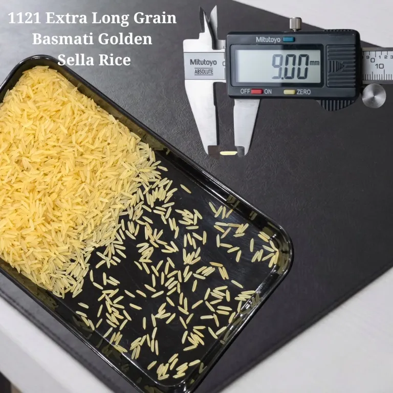 1121 extra long grain Basmati Golden Sella Rice measured at 9.00 mm on a digital caliper