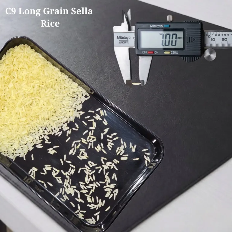 C-9 long grain Sella Rice measured at 7.00 mm on a digital caliper