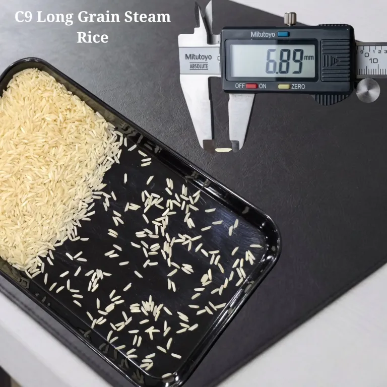 C-9 long grain steam Rice measured at 6.89 mm on a digital caliper