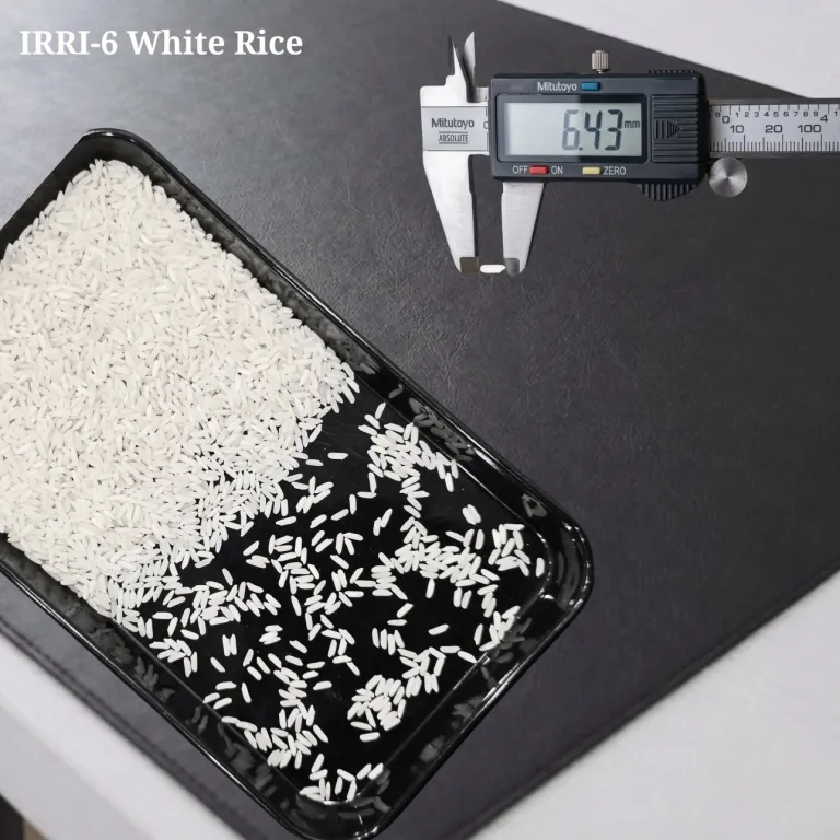 IRRI-6 white Rice measured at 6.43 mm on a digital caliper