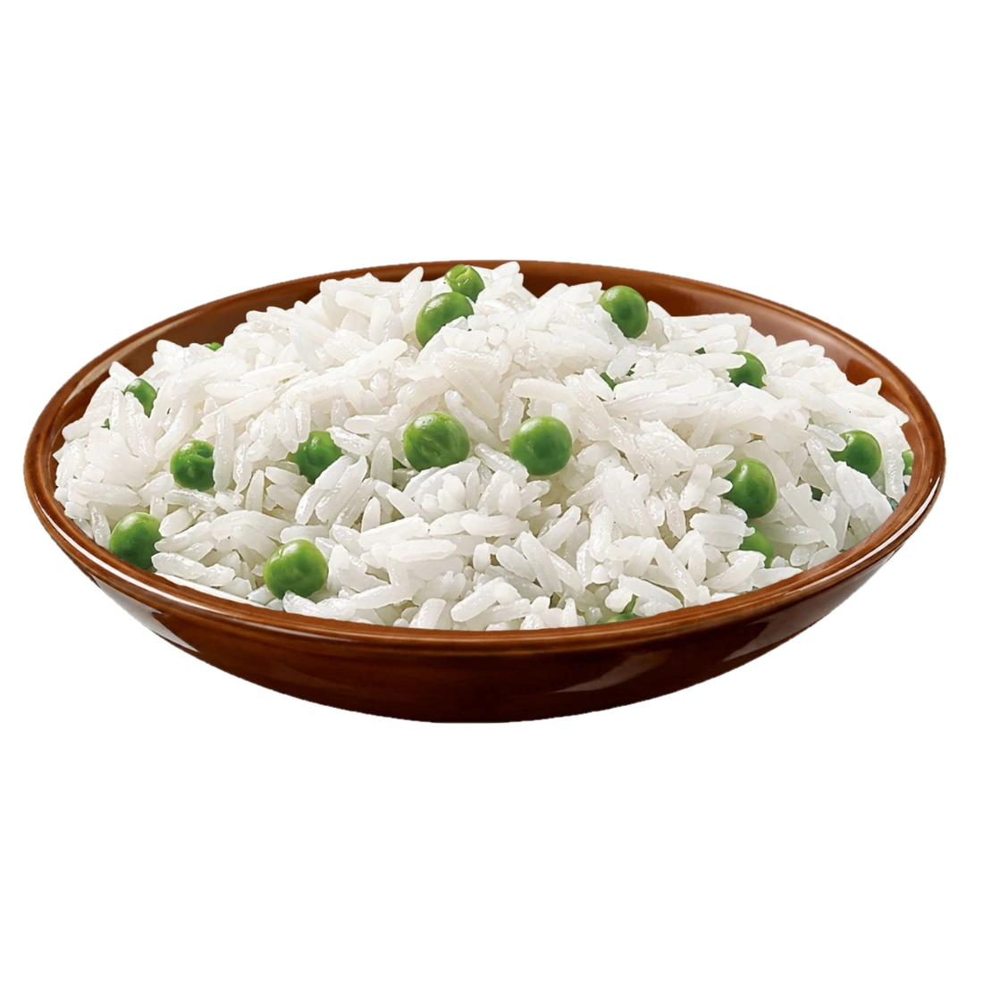 Cooked IRRI-6 long grain Rice with green peas in a brown dish