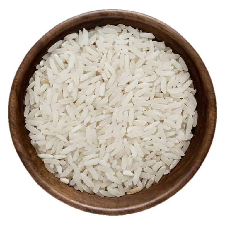 IRRI-6 raw Rice, 25% broken, in a wooden bowl, seen from above
