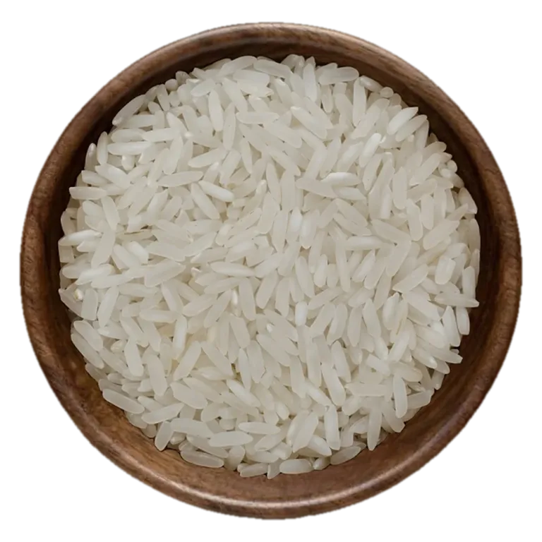 IRRI-6 white Rice, 10% broken, in a wooden bowl, seen from above