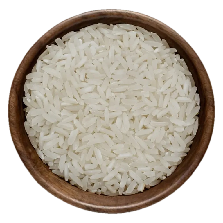 IRRI-6 white Rice, 15% broken, in a wooden bowl, seen from above