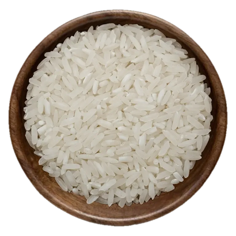 IRRI-6 white Rice, 25% broken, in a wooden bowl, seen from above