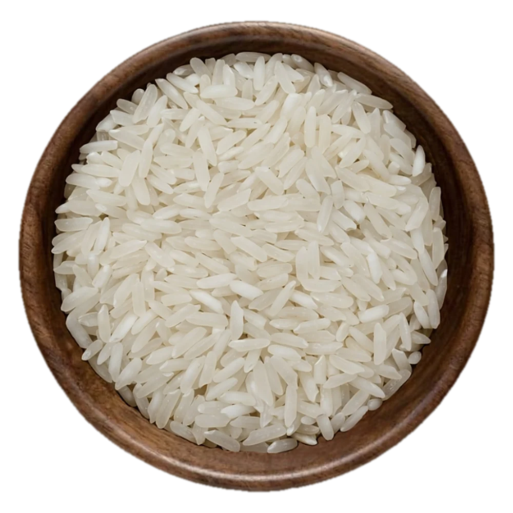 Close view of IRRI-6 white Rice, 5% broken, in a wooden bowl, seen from above