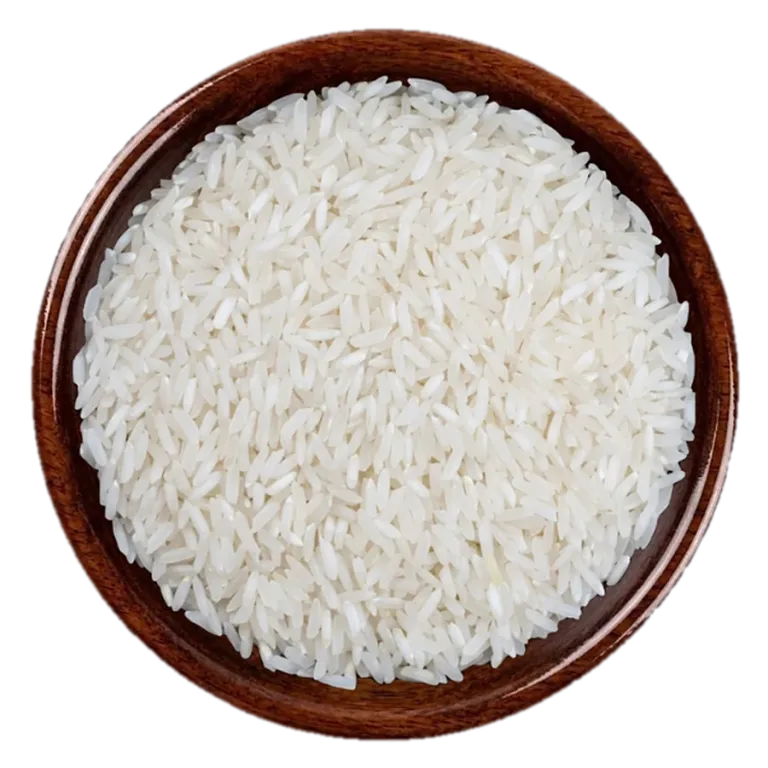 IRRI-6 long grain white Rice in a wooden bowl, seen from above