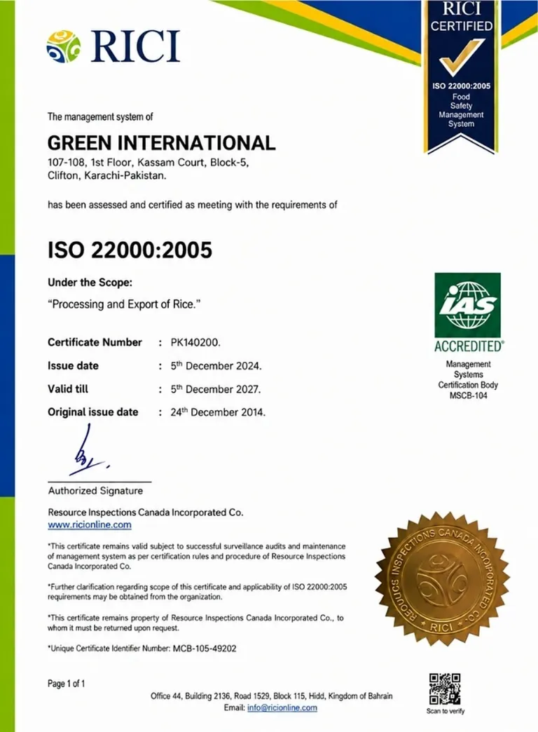 ISO 22000 food safety certificate issued to Green International by RICI, certificate PK140200