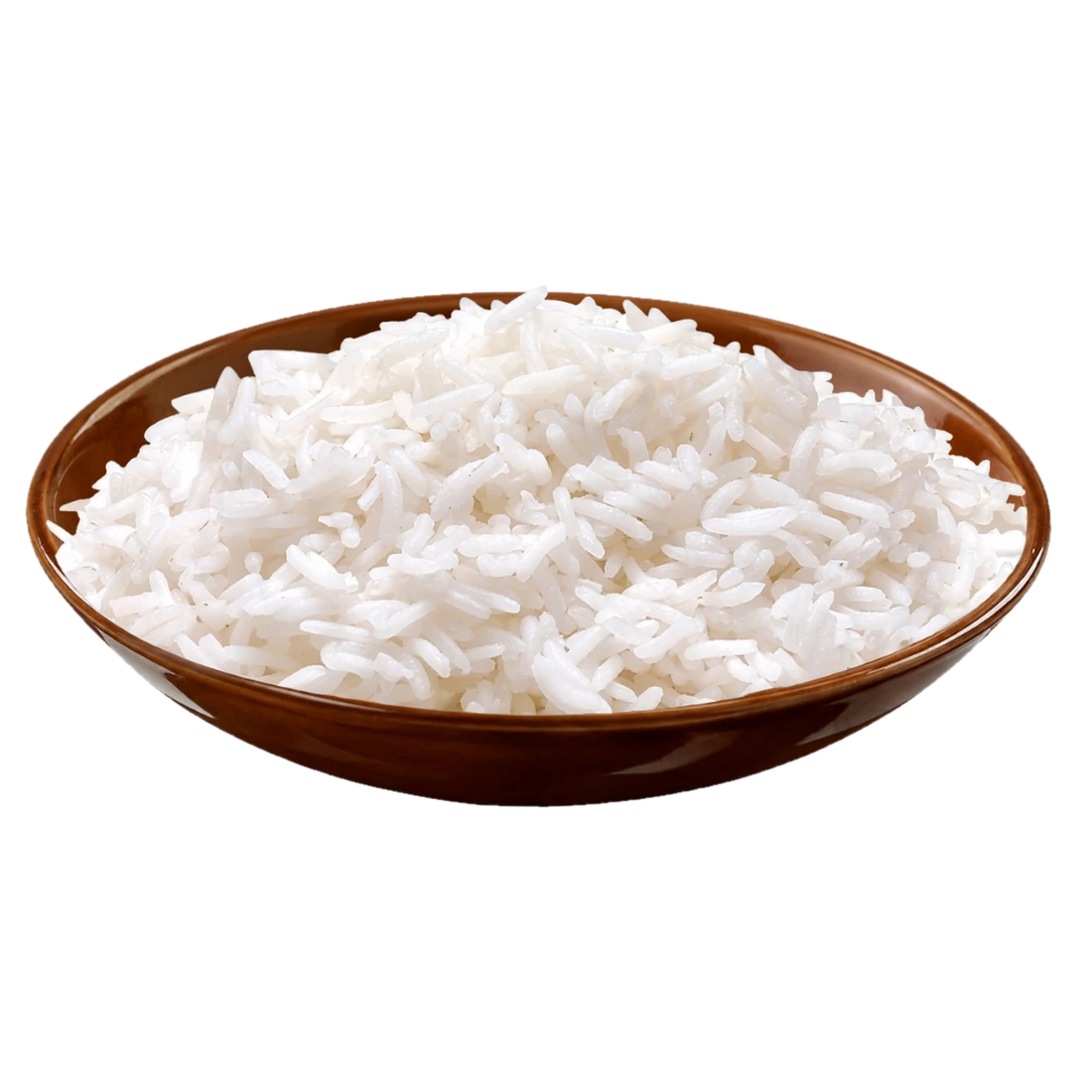 Cooked PK-386 long grain Rice in a brown dish
