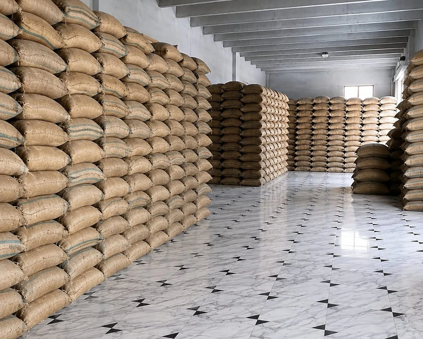 Long rows of jute bags in a Green International Rice warehouse