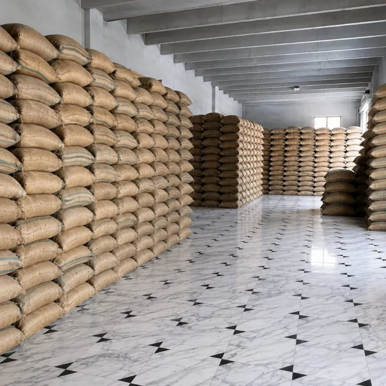 Rows of jute bags in a Rice warehouse
