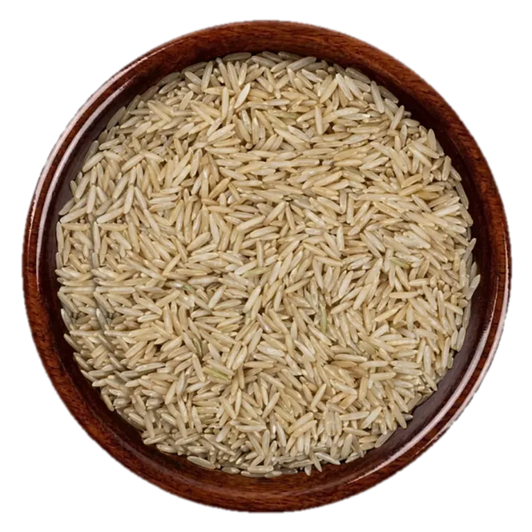 Super Kernel Basmati brown Rice in a wooden bowl, seen from above