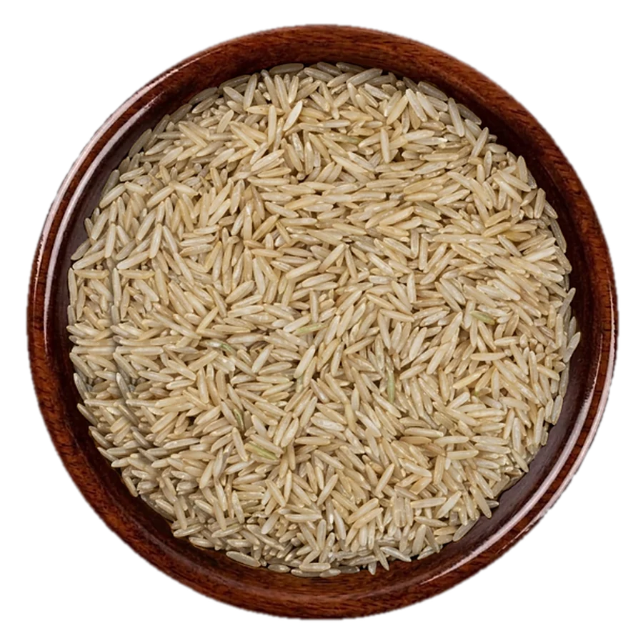 Super Kernel Basmati brown Rice in a wooden bowl, seen from above