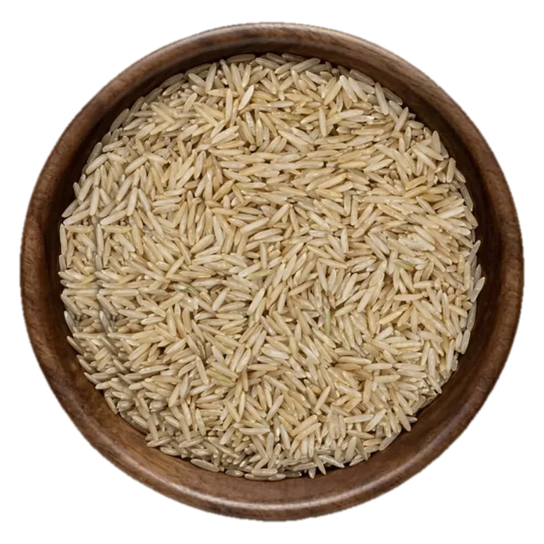 Close view of Super Kernel Basmati brown Rice grains in a wooden bowl, seen from above