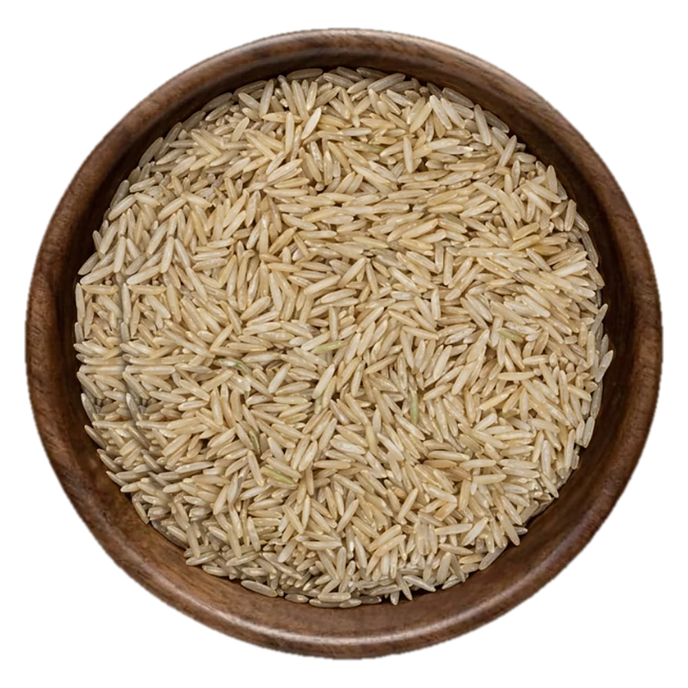 Close view of Super Kernel Basmati brown Rice grains in a wooden bowl, seen from above