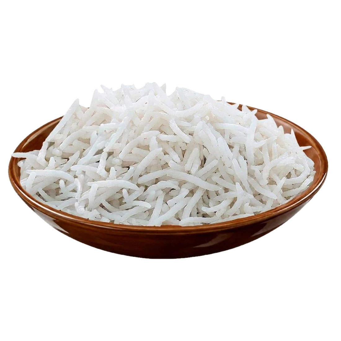 Cooked Super Kernel Basmati Rice, long separate grains in a brown dish