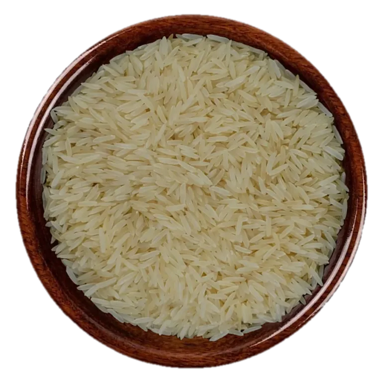 Super Kernel Basmati Sella Rice in a wooden bowl, seen from above