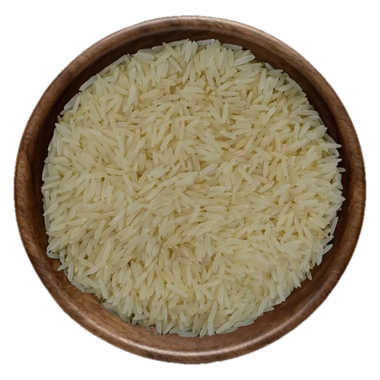 Close view of Super Kernel Basmati Sella Rice grains in a wooden bowl, seen from above