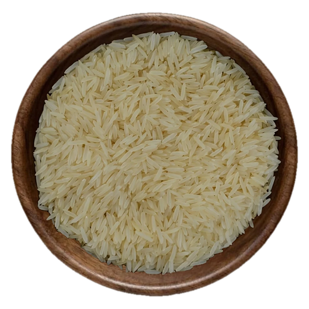 Close view of Super Kernel Basmati Sella Rice grains in a wooden bowl, seen from above