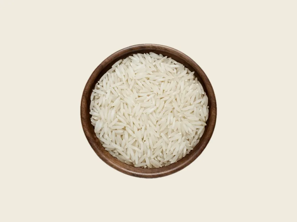 Super Kernel Basmati white Rice in a wooden bowl