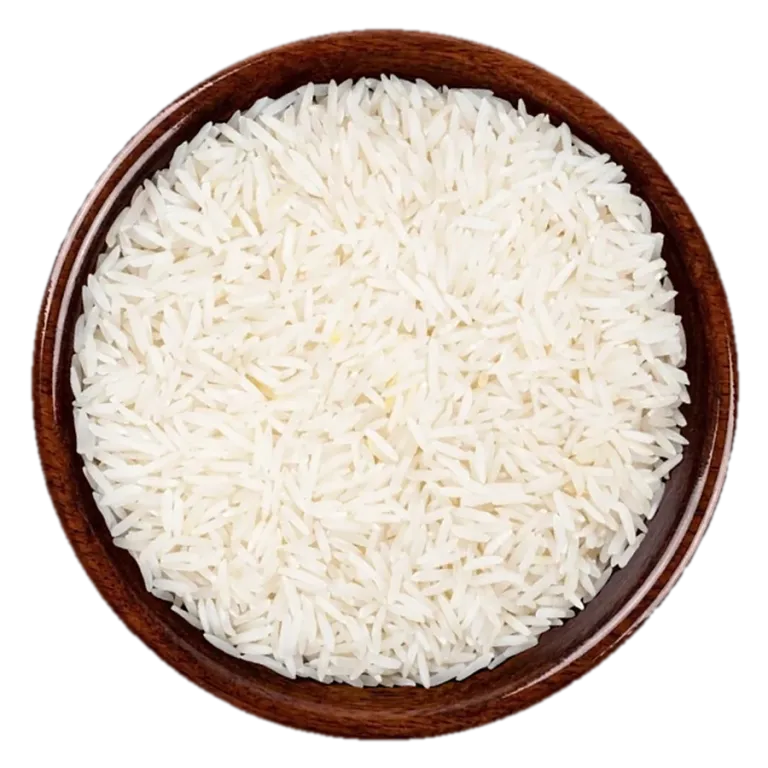 Super Kernel Basmati white Rice in a wooden bowl, seen from above