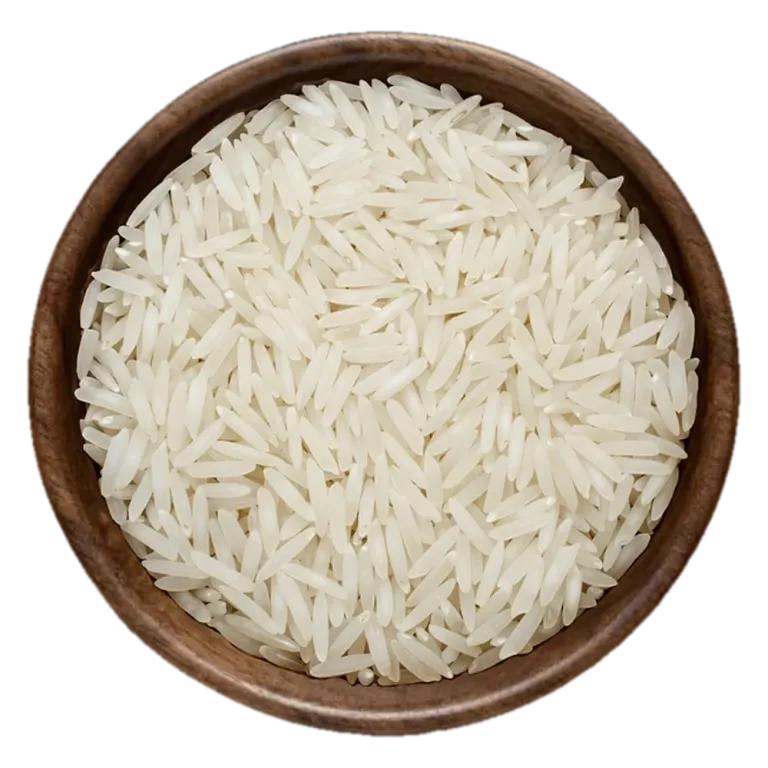 Close view of Super Kernel Basmati white Rice grains in a wooden bowl, seen from above