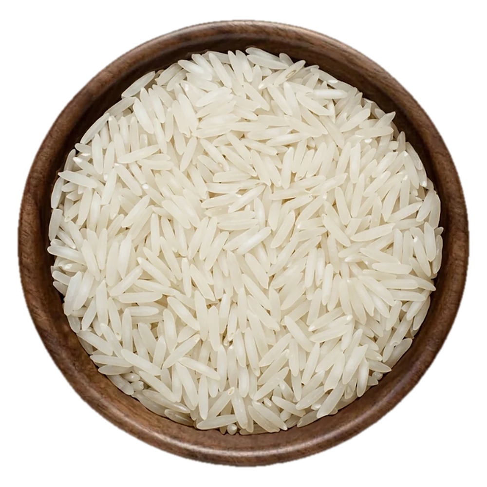 Close view of Super Kernel Basmati white Rice grains in a wooden bowl, seen from above