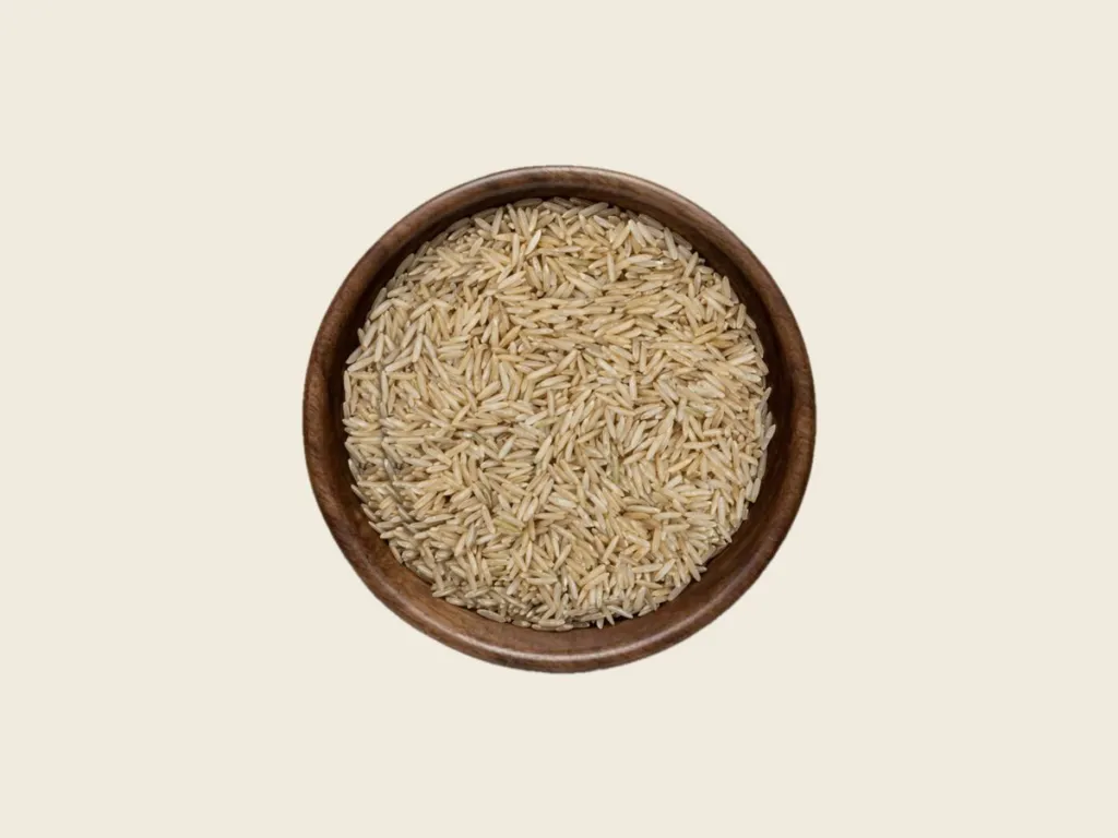 Super Kernel brown Rice in a wooden bowl