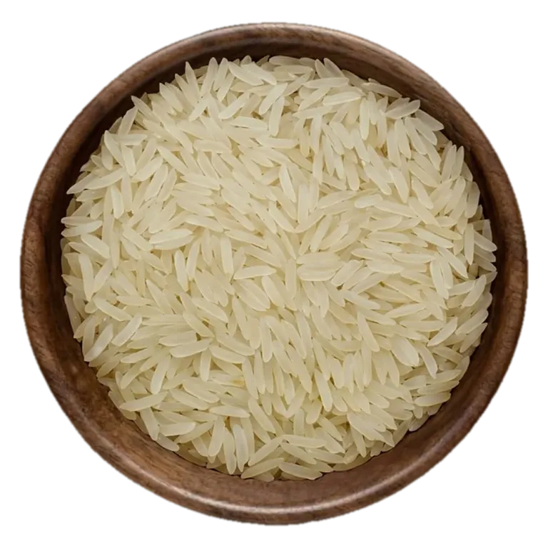 Close view of Supri Sella Rice grains in a wooden bowl, seen from above